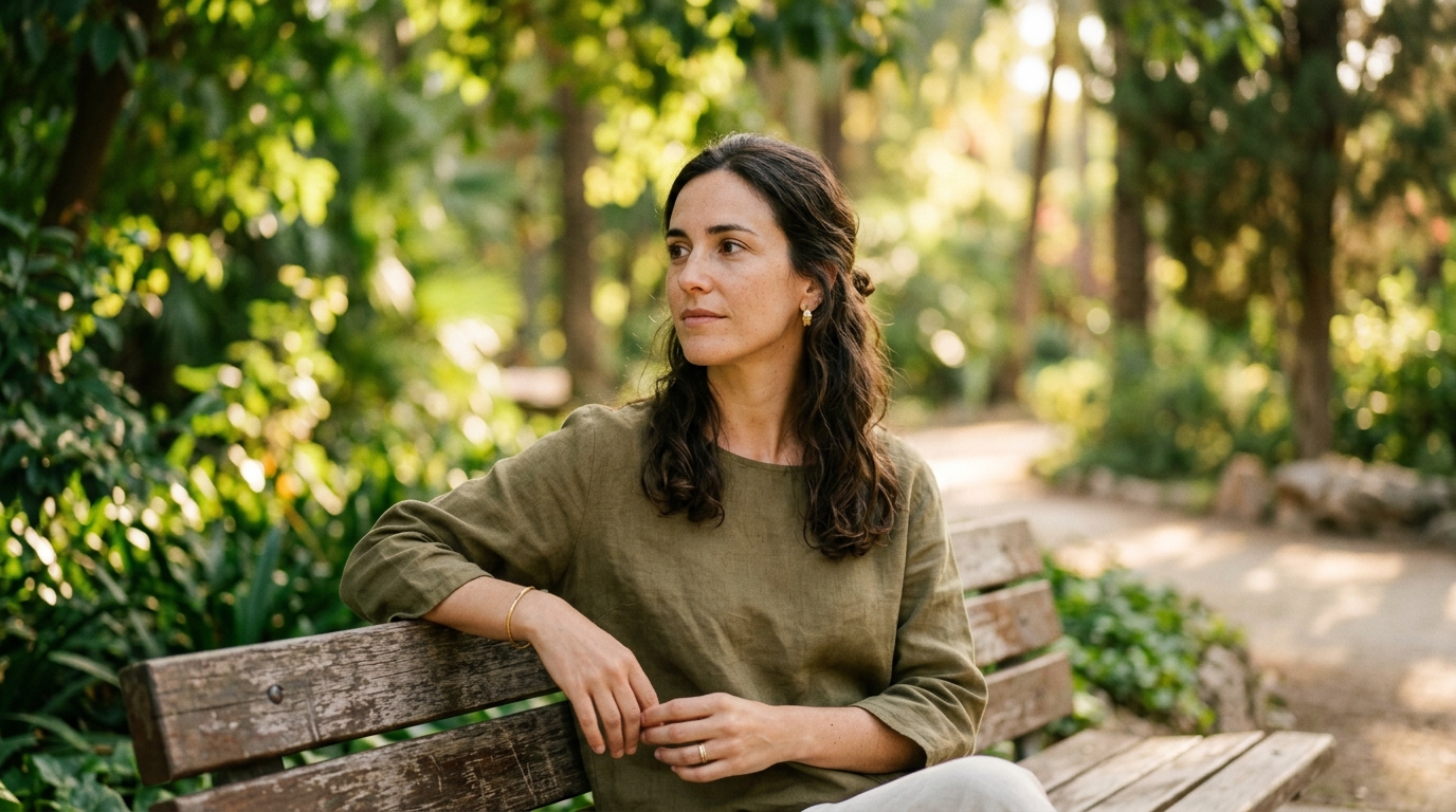 Retrato de Lucía pensativa sentada en un banco de madera en los Jardines del Turia, Valencia